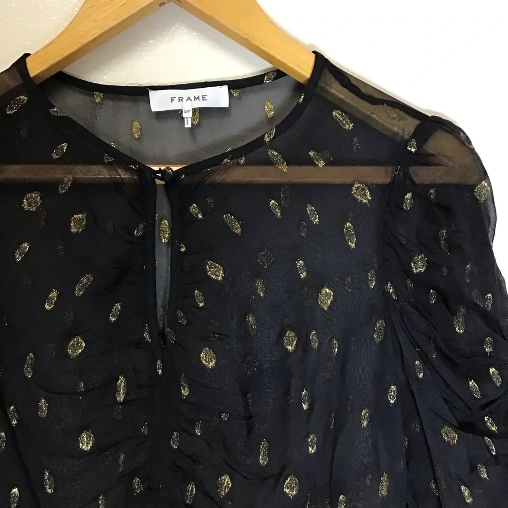 FRAME S/P Black Sheer Top Metallic Gold Detail Keyhole Witchy Whimsigoth Holiday - Picture 3 of 7